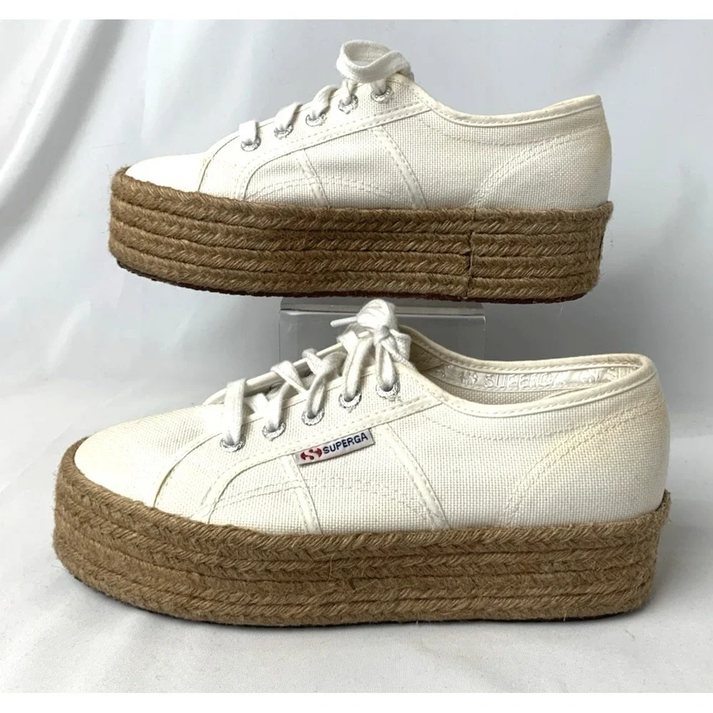Superga Platform Espadrille Sneakers Womens Size 7.5 EU38 Ivory Cotton S0099Z0